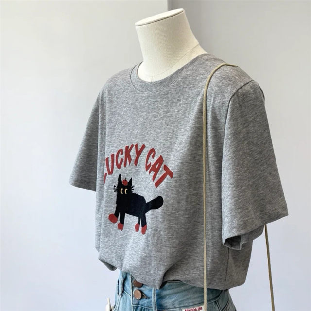 Lucky cats~Love this lump grey! Korean round neck cartoon short-sleeved T-shirt top 24 summer clothing for women
