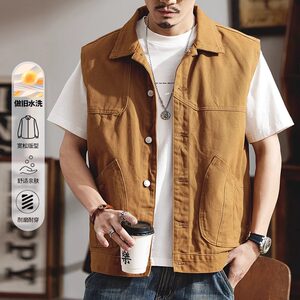 
Extra large size vest men's American casual denim vest jacket men's retro khaki loose trendy coat summer