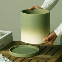 Simple Plain-Fired Gradient Matcha Green Ceramic Straight Flower Pot, Green Plant Clay Pot, Breathable Large Diameter Flower Pot