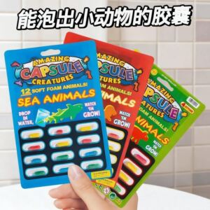 
Water capsule absorbs water and expands. Animal sponge for children, boys and girls becomes larger when exposed to water. Dinosaur Triceratops bath toy
