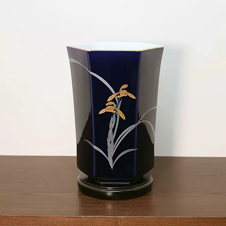 Koransha 香兰社香蘭社日本制兰花琉璃蓝色六角形瓷花瓶23cm-Taobao 