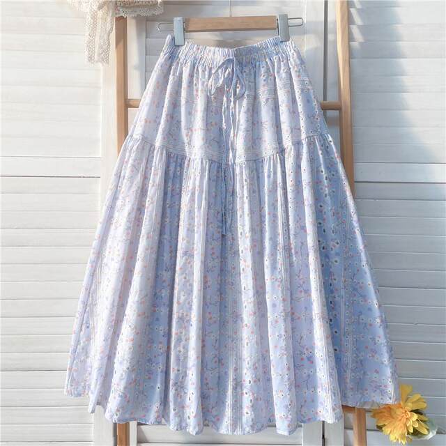 Homemade sweet purple skirt embroidered small floral slim long skirt for women in spring and summer high-waisted forest A-line skirt
