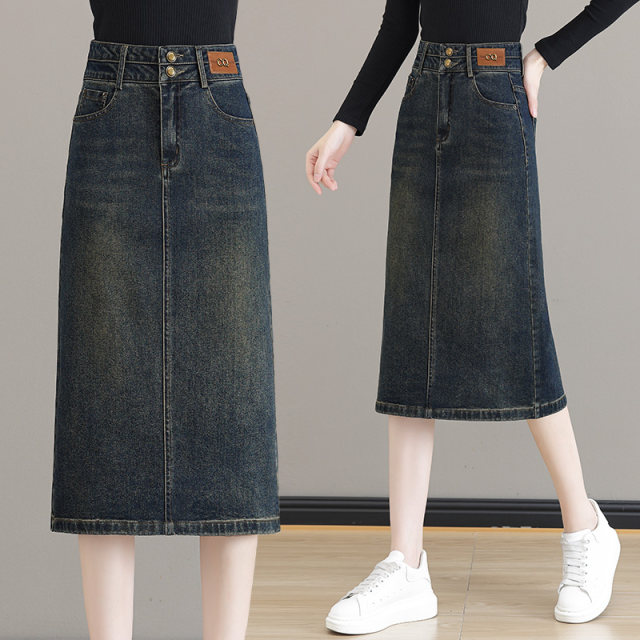 Women's 2025 Spring and Autumn New Retro Blue High Waist Mid-Length Slit One-Step Skirt
