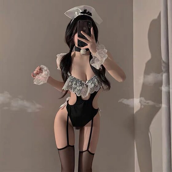 
SLOWBURN sexy maid tight-fitting hollow lace ruffle one-piece pure desire no-take-off private underwear