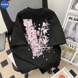 Nasa High Street Fashion Brand Short-Sleeved Men's T-Shirt Summer Trendy American Style Couple Cherry Blossom Letter Oversize Top