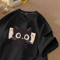 2024 Korean Style Cat Japanese Casual Trendy Printed Loose Half-Sleeve T-Shirt Summer Couple Style Short-Sleeve