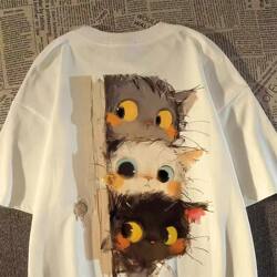 American Retro Cute Cat Short-Sleeved T-Shirt for Men and Women 2025 Summer Oversize Loose Trendy Brand ins Top