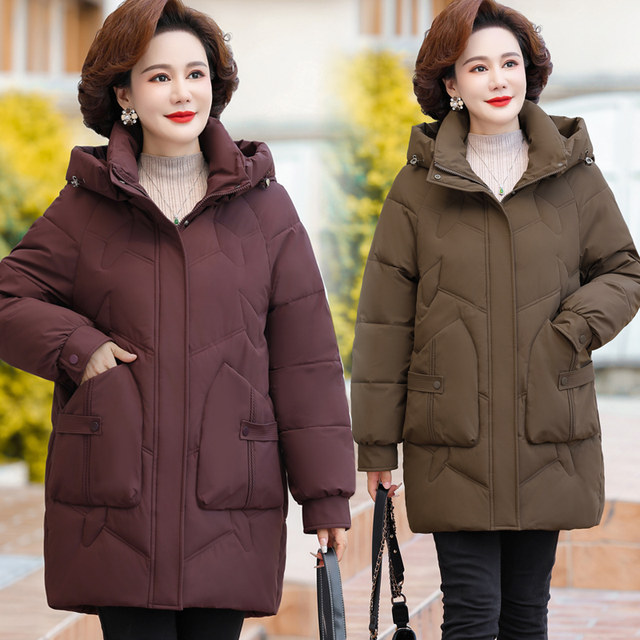 Middle-aged and elderly women's cotton-padded clothes, mother's wear, winter thickened cotton-padded clothes, mid-length, middle-aged women's fashionable cotton-padded jackets, large size jackets