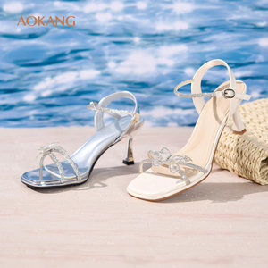 
Aokang Women's Shoes 2026 Summer New Elegant Bow Decorated Stiletto Heels Rhinestone Fashion Sandals Wedding Shoes