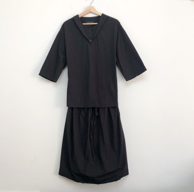 Sandy discount women's clothing, solid color, literary and 7-quarter sleeve waist-hugging dress, half-open plaid round neck drawstring full cotton skirt