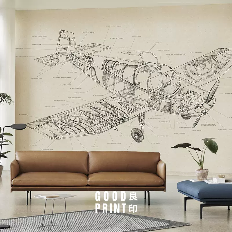 良印飞机素描壁纸客厅电视背景墙墙纸服装店墙布ktv酒店