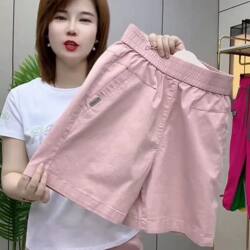 100% Washed Cotton Shorts for Women, Summer Loose Thin Elastic Straight Pants, High-Waisted Casual Slimming Wide-Leg Knee-Length Shorts