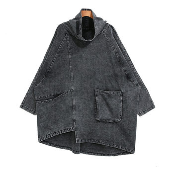 Spring new high-neck pullover wash sweatshirt dark personality large size irregular denim shirt
