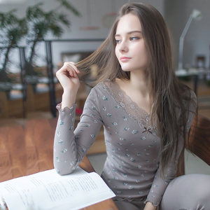 Top 女 Autumn clothes autumn pants female pure cotton set underwear cotton sweater full cotton top melon pants ladies