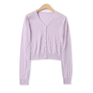 
Hollow knitted cardigan spring new foreign trade women's clothing versatile candy color V-neck short long-sleeved thin top 19589