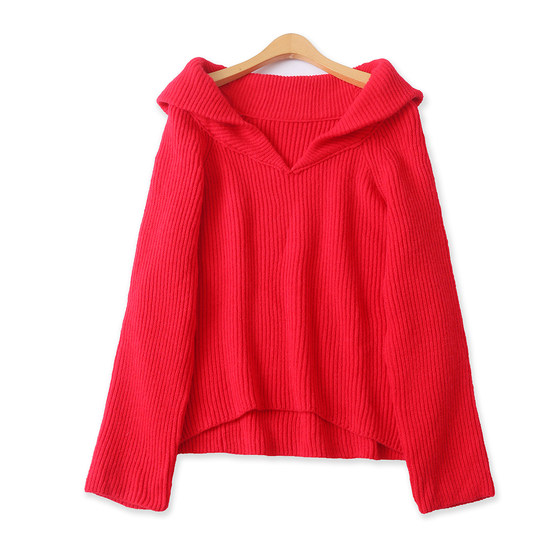 
Red sweater winter new foreign trade women's clothing versatile lapel loose high elastic raglan long-sleeved knitted jacket 18707