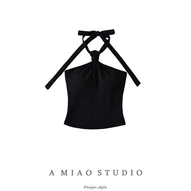 Pure sexy hot girl knotted halter neck black vest for women in summer new sleeveless chest pad backless slim strap