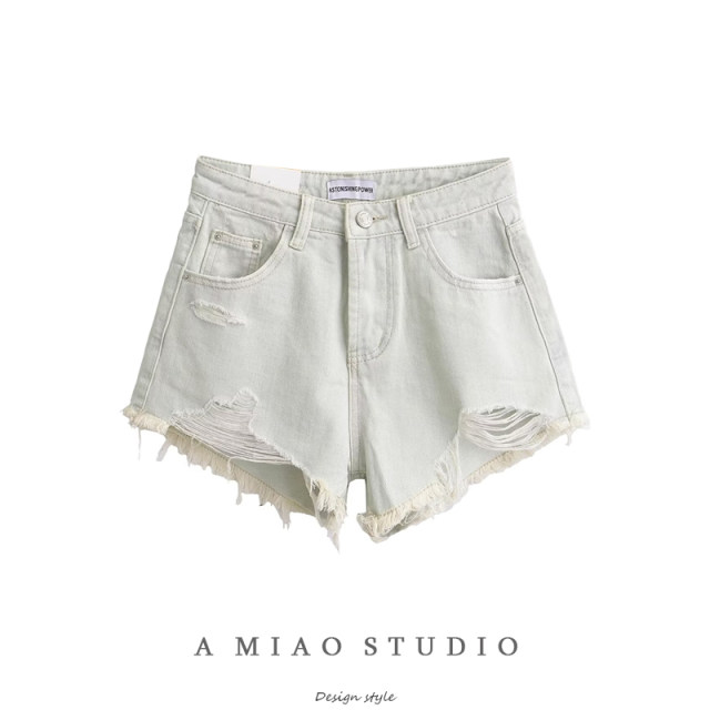Heavy industry washing and old burr ripped mid-high waist denim shorts retro high street hot girl A-line wide-leg hot pants trend