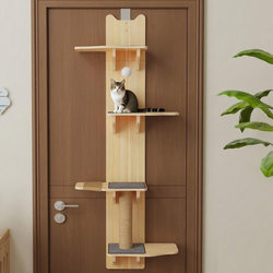 Space-Saving Door-Mounted Cat Climbing Frame for Large Cats, Made of Solid Wood, Wall-Mounted, Multi-Layer Cat House and Scratching Post All in One