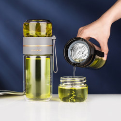 Double-Layer Tea and Water Separation Glass Cup with Lid, Men's Style Tea Cup, Personal Water Cup for Men and Women