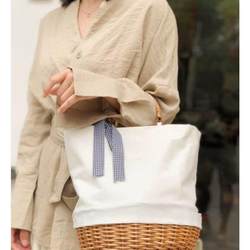 Rattan Wicker Canvas Splicing Bag Shoulder Bag Versatile Student Satchel Canvas Bag Women's Large Tote Shopping Basket Bag