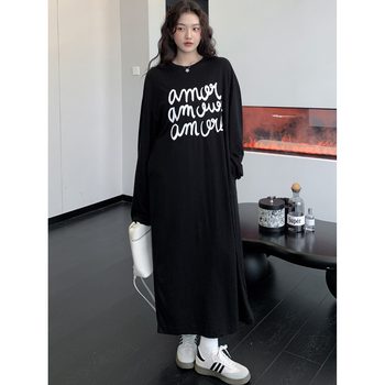 Early autumn new lazy style T-shirt long skirt with letter printing loose slimming meat round neck long sleeve dress for women