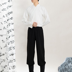 
Hanfu Chinese style men's round neck robe lined with bottoming middle coat lining plain Taoist robe women's trousers suit