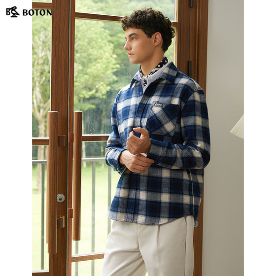 
Bolton's new autumn style lapel long-sleeved pure cotton plaid shirt men's business slim versatile and comfortable commuting shirt