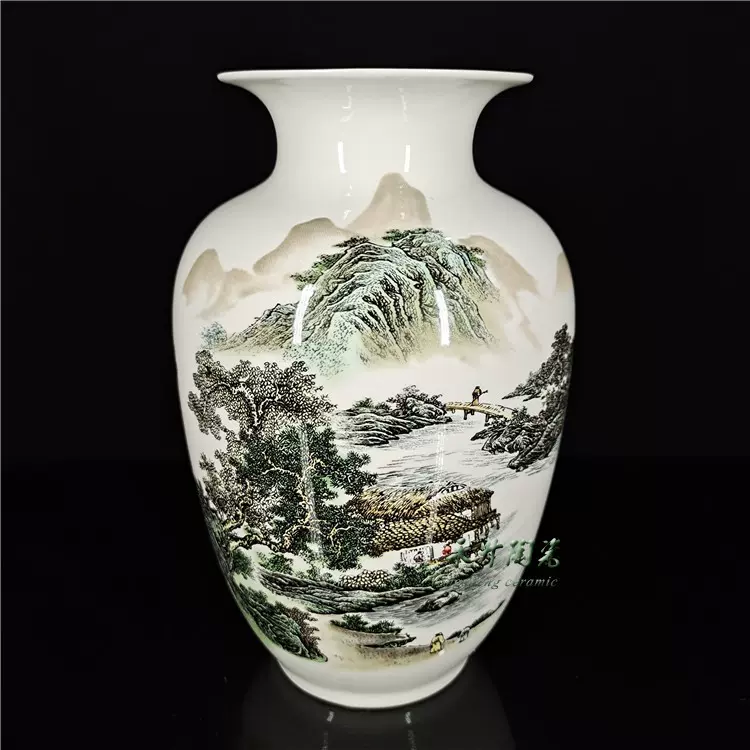 中国，景德镇，青白釉風景画花瓶 景德镇陶瓷器名家王剑作品青花釉中彩琴棋书画花瓶收藏装饰摆件