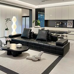 Black Lawrence Straight-Row Leather Sofa Villa Large Flat Italian Minimalist Living Room Designer Leather Art Sofa