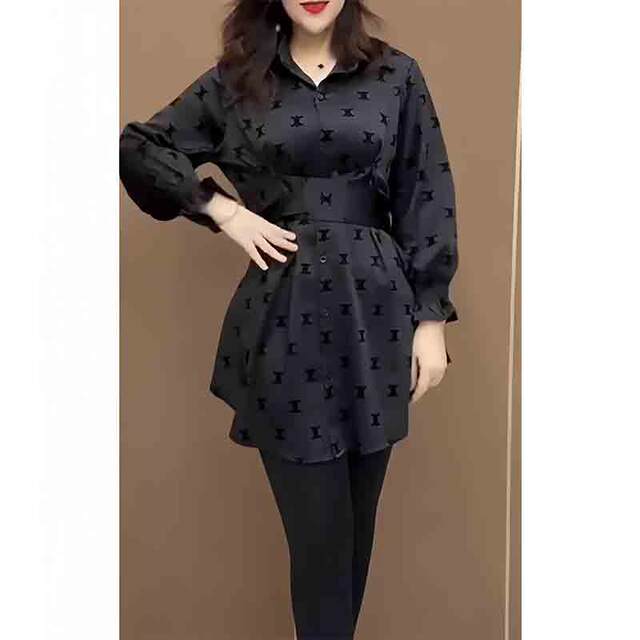 High-end black POLO collar printed shirt for women 2025 spring style waist-hugging and slimming mid-length casual and fashionable shirt