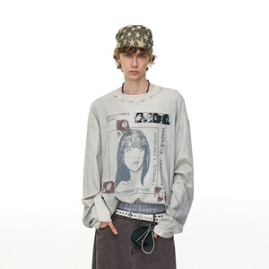 
MRNEARLY American retro old ripped figure printed long-sleeved T-shirt men's trendy brand loose casual top