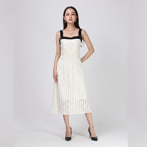 
AS Yiqianjin summer black wide suspender color matching lace dress women's high waist pleated long skirt white broken code