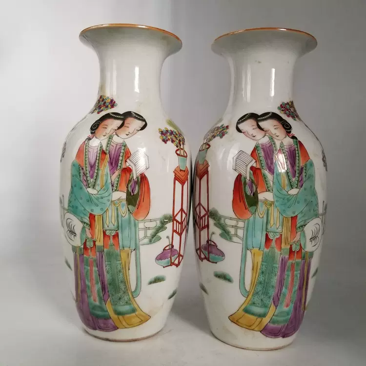 清光绪手绘粉彩人物故事侍女图花瓶(一对) 仿古瓷器古玩古董摆件