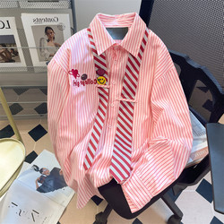 Super Nice-Looking Sweet Embroidered Striped Tie Shirt for Men and Women, Spring and Autumn Oversize College Style Casual Long-Sleeved Top