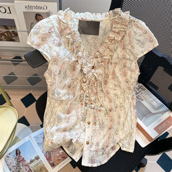 French-Style Design V-Neck Tie Floral Short-Sleeve Shirt for Men and Women, Summer Vintage Elegant Ruffled Waist-Cinching Top