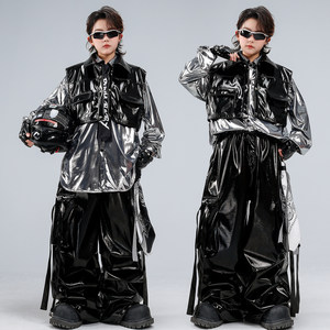 
Children's hip-hop hip-hop boys shiny leather pants short leather vest suit hiphop drum set catwalk performance clothing