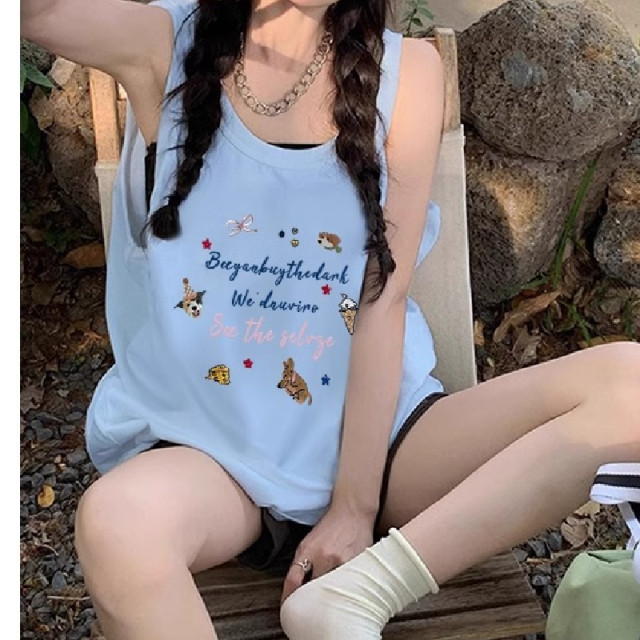 baby blue suspender vest for women 2025 new summer dopamine sweet sports wear loose sleeveless top
