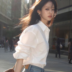 Spring and Autumn New Style French Retro Light Luxury White Shirt for Women, Long-Sleeved Polo Collar, High-End and Elegant Pure Cotton Top