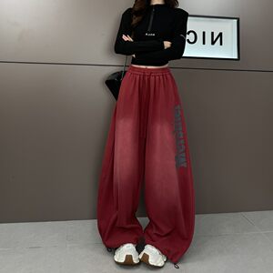 
American retro letter print sports pants for women 2026 spring new high-waisted loose slim casual wide-leg pants