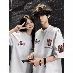 American High Street Style Badge Letter Embroidery Pure Cotton T-Shirt for Men and Women, Summer Short-Sleeve Couple's Outfit, Loose and Versatile Top