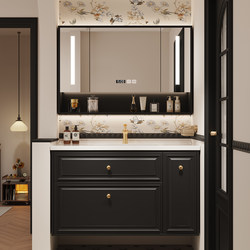 French-Style Vintage Pull-Out Bathroom Cabinet Set, Oak Lacquered Washbasin, Multifunctional Storage Cabinet, Washstand