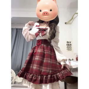 French gentle college style Christmas red plaid bow high waist dress autumn and winter slim waist slimming short skirt