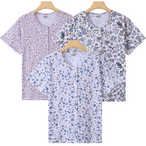 
Middle-aged and elderly short-sleeved cardigan pure cotton vest women's summer thin bottoming shirt home pajamas mom top air-conditioning shirt