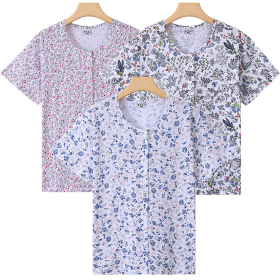 
Middle-aged and elderly short-sleeved cardigan pure cotton vest women's summer thin bottoming shirt home pajamas mom top air-conditioning shirt