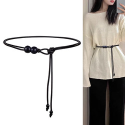 High-end thin belt accessories for women, leather rope waist chain with skirt, sweater, coat, down jacket, black versatile small belt