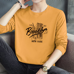 Men's Long-Sleeved Pure Cotton T-Shirt for Autumn, Base Layer Shirt with Printed Trendy Loose Round Neck, All-Cotton Undershirt