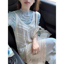 Korean-Style Knitted V-Neck Hollow-Out Camisole Dress for Women, New Spring/Summer Mid-Length Layered Blouse Dress for Petite Figures