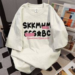 American-Style Pure Cotton Design with Letter Print Short-Sleeve T-Shirt for Women, Summer 2024 New Loose Half-Sleeve Top ins Trendy