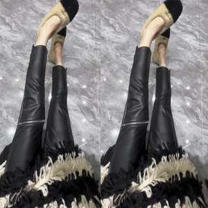 Autumn and winter plus pants leather pants female loose waist tight waist elasticity is thin and irregular pants, nine -point pants zipper straight tube pencil pants
